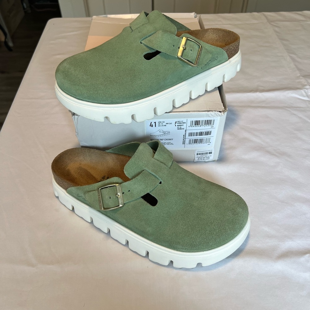 SOLD ~ Birkenstock x Anthropology Green Tea Green Boston Papillio Chunky Clog - Picture 1 of 10